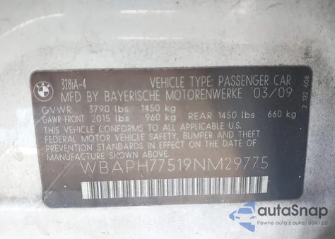 2009 BMW 328I z USA, uszkodzony, nr VIN WBAPH77519NM29775